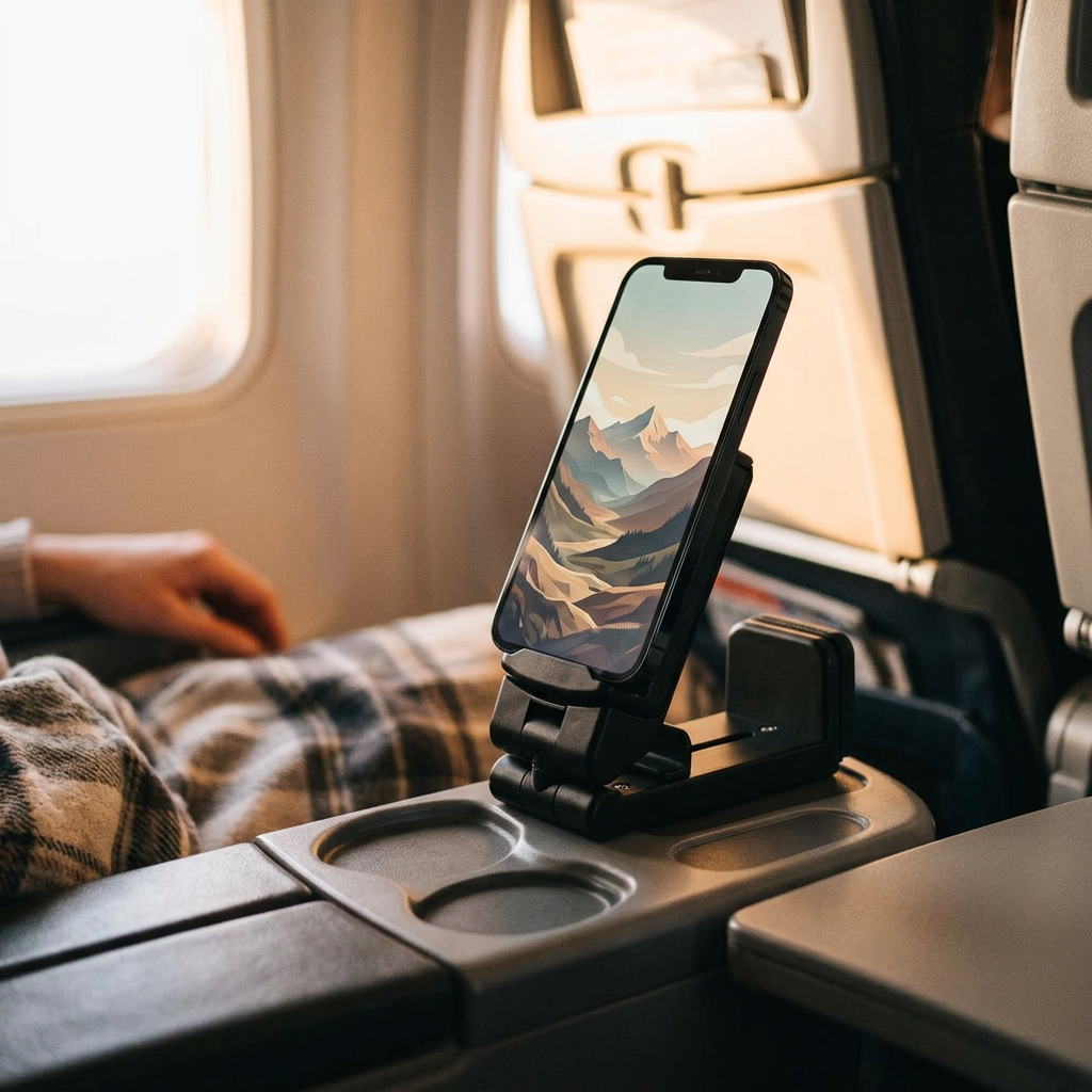 Airplane Phone Holder Mount – 360° Rotation Travel Stand (Black)